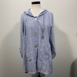 Jones New York Linen Cotton Blue White Striped Hooded Jacket Womens XL Coastal